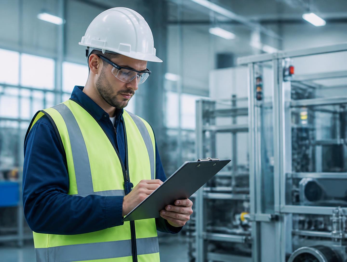 Técnico de segurança do trabalho inspecionando uma unidade industrial